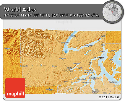 Political 3D Map of the Area around 47° 16' 15" N, 123° 10' 30" W
