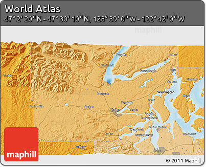 Political 3D Map of the Area around 47° 16' 15" N, 123° 10' 30" W