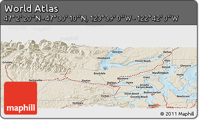 Shaded Relief Panoramic Map of the Area around 47° 16' 15" N, 123° 10' 30" W