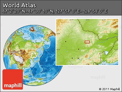 Physical Location Map of the Area around 47° 16' 15" N, 128° 25' 30" E