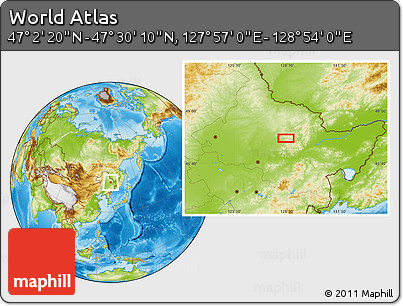 Physical Location Map of the Area around 47° 16' 15" N, 128° 25' 30" E