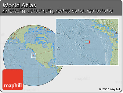 Savanna Style Location Map of the Area around 47° 16' 15" N, 129° 7' 30" W, hill shading