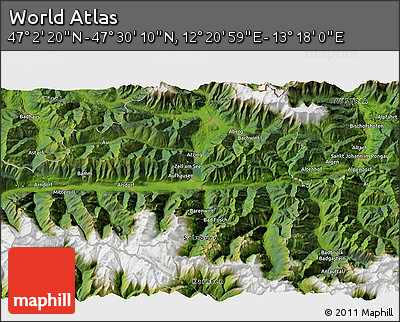 Satellite 3D Map of the Area around 47° 16' 15" N, 12° 49' 29" E