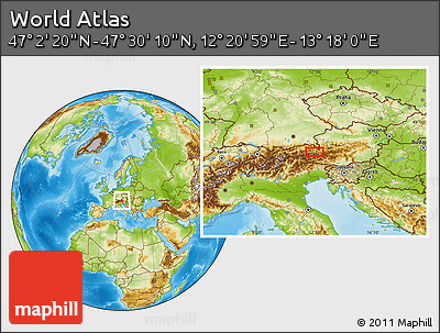 Physical Location Map of the Area around 47° 16' 15" N, 12° 49' 29" E