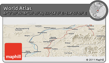 Shaded Relief Panoramic Map of the Area around 47° 16' 15" N, 134° 22' 30" E