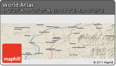 Shaded Relief Panoramic Map of the Area around 47° 16' 15" N, 134° 22' 30" E