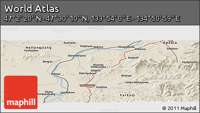 Shaded Relief Panoramic Map of the Area around 47° 16' 15" N, 134° 22' 30" E