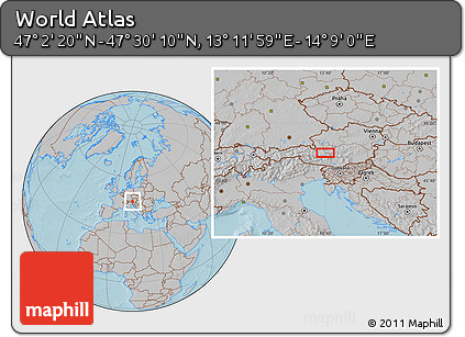 Gray Location Map of the Area around 47° 16' 15" N, 13° 40' 30" E, hill shading