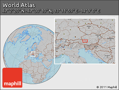 Gray Location Map of the Area around 47° 16' 15" N, 13° 40' 30" E, hill shading