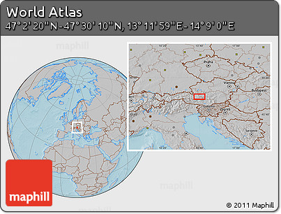 Gray Location Map of the Area around 47° 16' 15" N, 13° 40' 30" E, hill shading