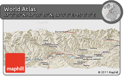 Shaded Relief Panoramic Map of the Area around 47° 16' 15" N, 14° 31' 30" E
