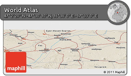 Shaded Relief Panoramic Map of the Area around 47° 16' 15" N, 17° 4' 30" E
