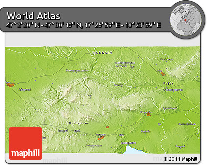Physical 3D Map of the Area around 47° 16' 15" N, 17° 55' 29" E