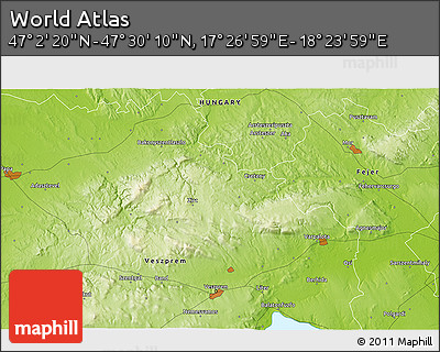 Physical 3D Map of the Area around 47° 16' 15" N, 17° 55' 29" E