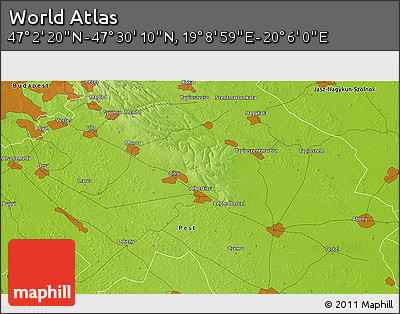 Physical 3D Map of the Area around 47° 16' 15" N, 19° 37' 30" E