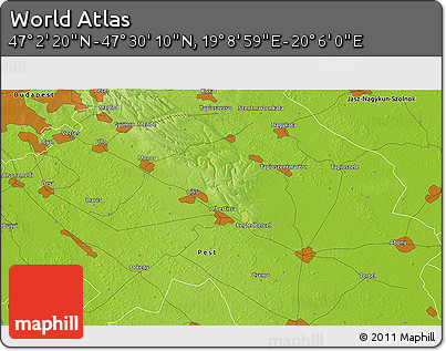 Physical 3D Map of the Area around 47° 16' 15" N, 19° 37' 30" E