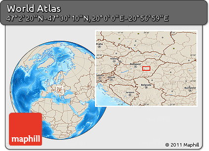 Shaded Relief Location Map of the Area around 47° 16' 15" N, 20° 28' 30" E