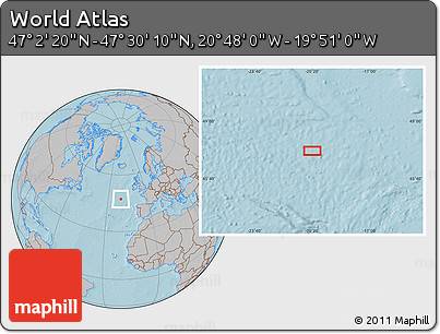 Gray Location Map of the Area around 47° 16' 15" N, 20° 19' 30" W, hill shading