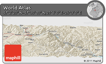 Shaded Relief Panoramic Map of the Area around 47° 16' 15" N, 25° 34' 30" E