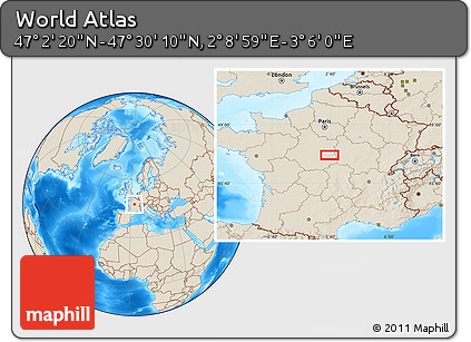 Shaded Relief Location Map of the Area around 47° 16' 15" N, 2° 37' 30" E
