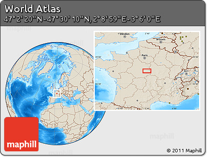 Shaded Relief Location Map of the Area around 47° 16' 15" N, 2° 37' 30" E