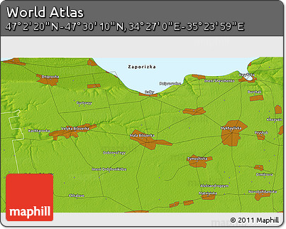 Physical 3D Map of the Area around 47° 16' 15" N, 34° 55' 29" E