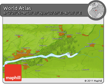 Physical 3D Map of the Area around 47° 16' 15" N, 40° 1' 29" E