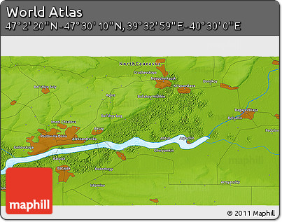 Physical 3D Map of the Area around 47° 16' 15" N, 40° 1' 29" E