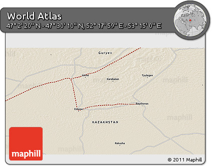 Shaded Relief 3D Map of the Area around 47° 16' 15" N, 52° 46' 29" E