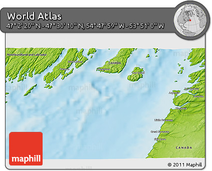 Physical 3D Map of the Area around 47° 16' 15" N, 54° 19' 30" W