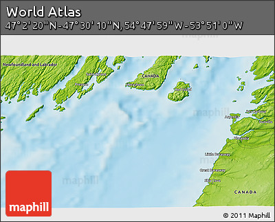 Physical 3D Map of the Area around 47° 16' 15" N, 54° 19' 30" W