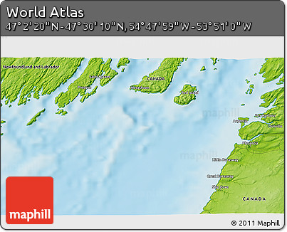 Physical 3D Map of the Area around 47° 16' 15" N, 54° 19' 30" W