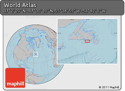 Gray Location Map of the Area around 47° 16' 15" N, 55° 10' 29" W, hill shading