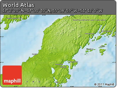 Physical Map of the Area around 47° 16' 15" N, 55° 10' 29" W
