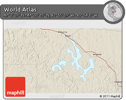Shaded Relief 3D Map of the Area around 47° 16' 15" N, 82° 22' 30" W