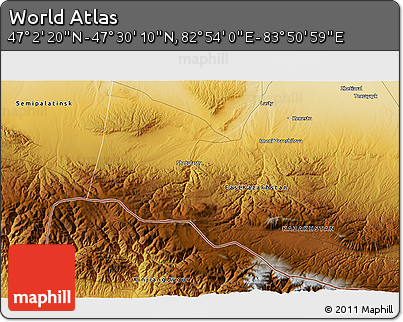 Physical 3D Map of the Area around 47° 16' 15" N, 83° 22' 30" E