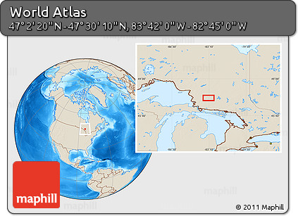 Shaded Relief Location Map of the Area around 47° 16' 15" N, 83° 13' 29" W