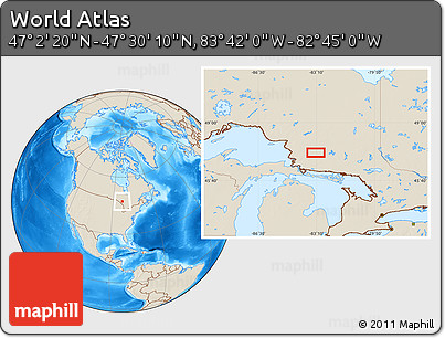 Shaded Relief Location Map of the Area around 47° 16' 15" N, 83° 13' 29" W