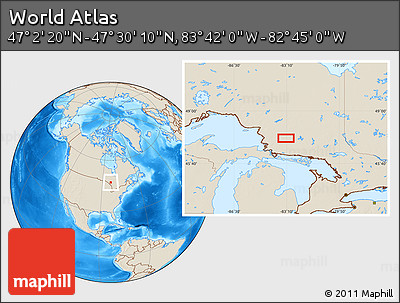 Shaded Relief Location Map of the Area around 47° 16' 15" N, 83° 13' 29" W