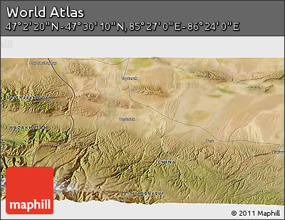Satellite 3D Map of the Area around 47° 16' 15" N, 85° 55' 30" E