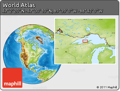 Physical Location Map of the Area around 47° 16' 15" N, 89° 10' 30" W
