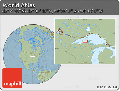 Savanna Style Location Map of the Area around 47° 16' 15" N, 89° 10' 30" W, hill shading