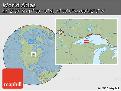 Savanna Style Location Map of the Area around 47° 16' 15" N, 89° 10' 30" W, hill shading