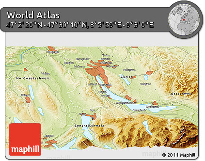 Physical 3D Map of the Area around 47° 16' 15" N, 8° 34' 29" E