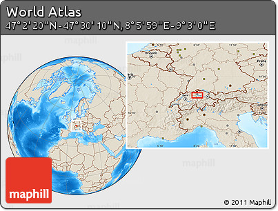 Shaded Relief Location Map of the Area around 47° 16' 15" N, 8° 34' 29" E