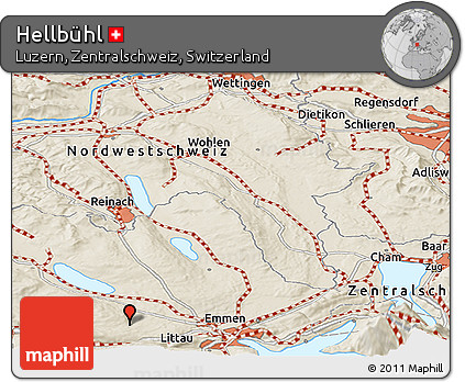 Shaded Relief Panoramic Map of Hellbühl