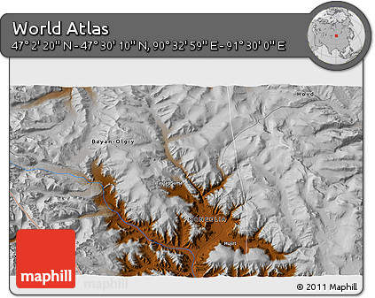 Physical 3D Map of the Area around 47° 16' 15" N, 91° 1' 30" E