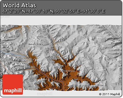 Physical 3D Map of the Area around 47° 16' 15" N, 91° 1' 30" E