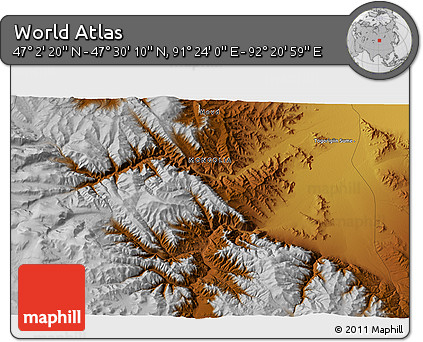 Physical 3D Map of the Area around 47° 16' 15" N, 91° 52' 30" E