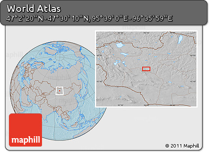 Gray Location Map of the Area around 47° 16' 15" N, 96° 7' 30" E, hill shading